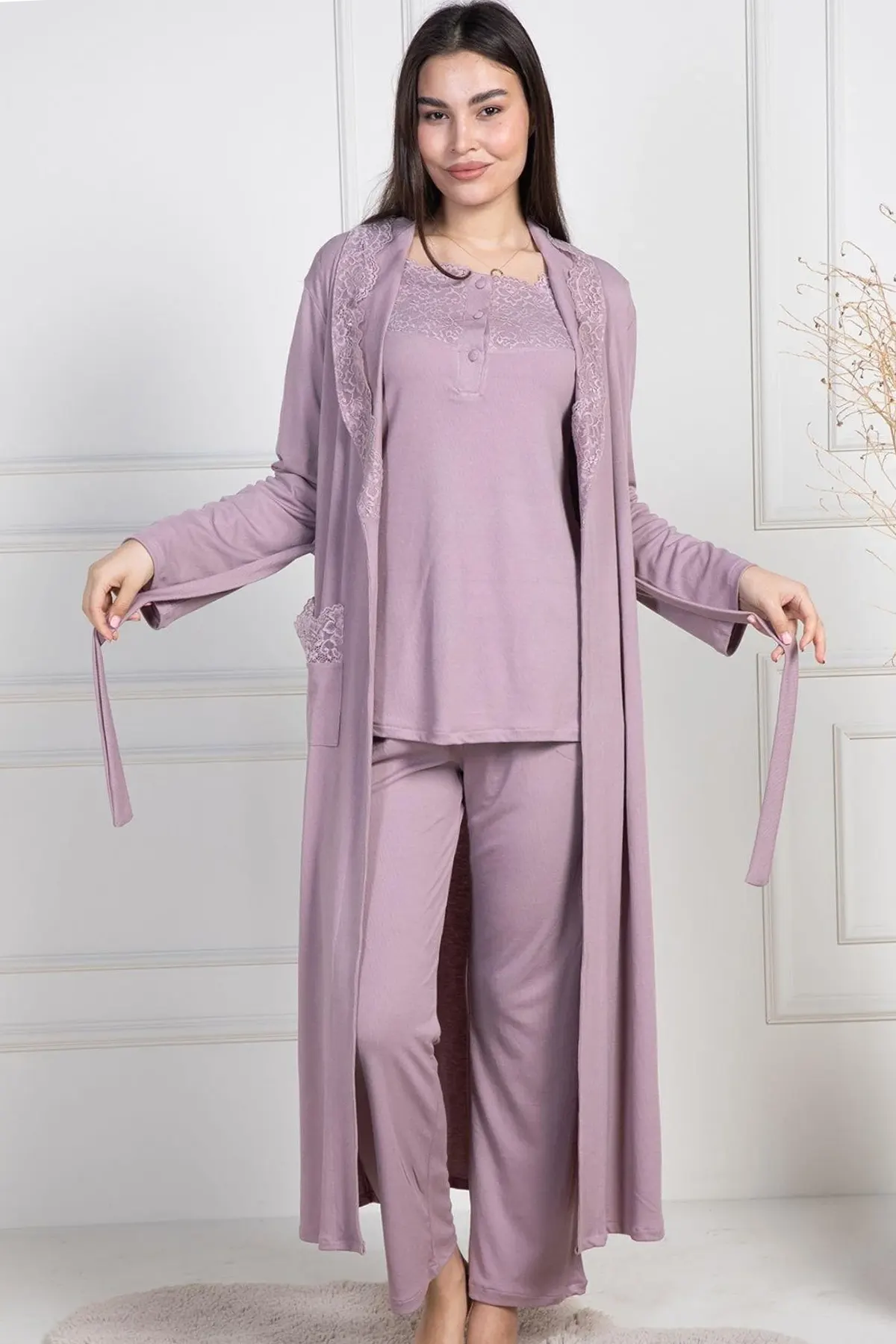 Dantelli Yaka Lohusa Pijama ve Sabahlık Takımı - 6155